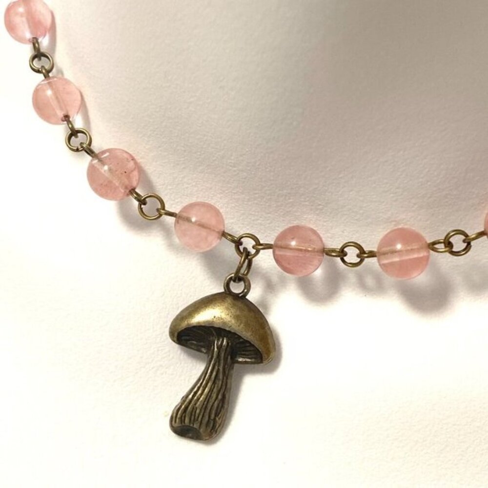 Cute Cherry Quartz Bronze Slim Mushroom Pendant Adjustable Choker